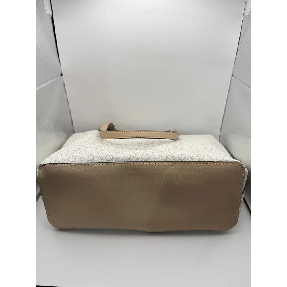 GUESS Tote Bag Womens Large Cream Tan Good Monogram Logo Print Shoulder Bag